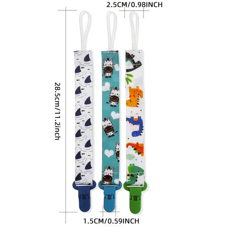3 pcs Shark Zebra Dinosaur Baby Pacifier Clip for Baby Boys