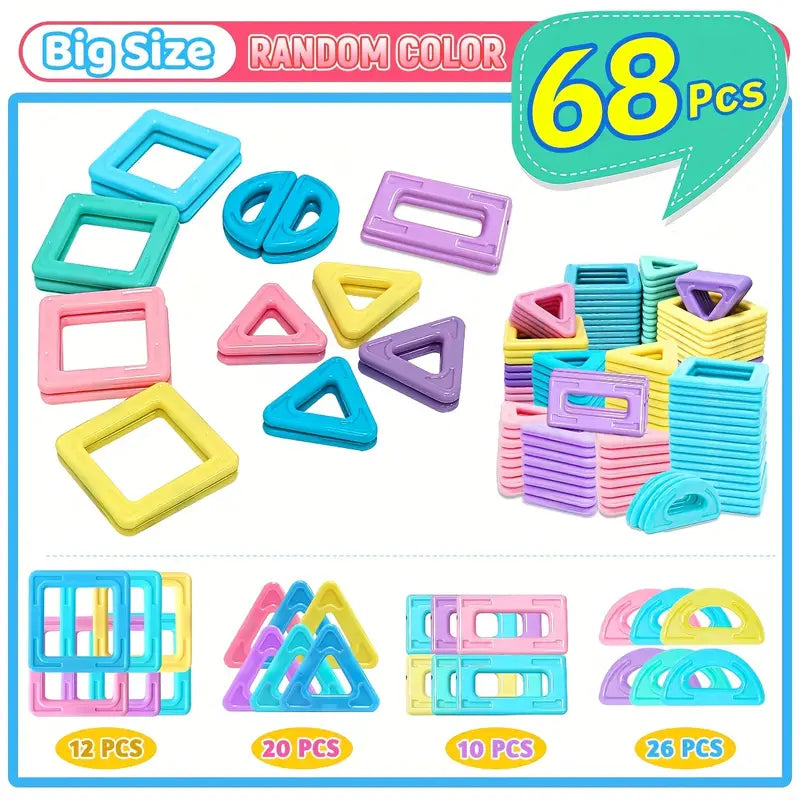Macaron Colours Magnetic Designer Big Size Construction Building Magnet Blocks 68pcs